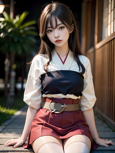 Best quality, masterpiece, ultra high res, (photorealistic:1.4), raw photo, iks_akagi, 1girl, in the dark, deep shadow, <lora:AkagiKancolle_V10:0.6>,
muneate, japanese_clothes, red_hakama, tasuki, thighhighs, white_legwear, sitting,