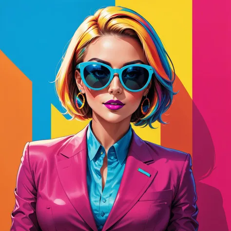 pop Art style, profjen with sunglasses atop her head, wearing a woman's suit <lora:Prof_Jen_SDXL-000006:0.6> , bright colors, bold outlines, popular culture themes, ironic or kitsch