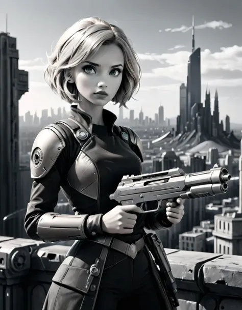 profjen with a futuristic weapon, overlooking a dystopian cityscape., (monochrome, grayscale, black and white, b&w, cool shadows, warm highlights, soft focus, black and white classic sound stage, vintage film grain, scratches, patina, directed cinematography movie film classic :1.3), <lora:Prof_Jen_SDXL-000006:0.6>