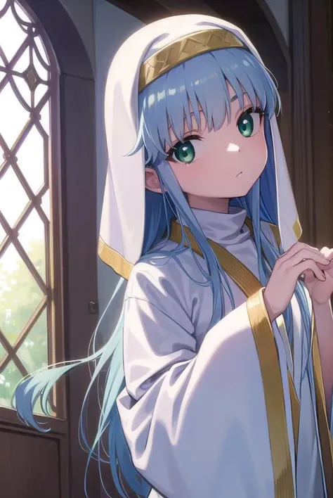 index, <lyco:index-lyco-nochekaiser:1>,
index, (green eyes:1.5), blue hair, long hair, (flat chest:1.2),
BREAK habit, long sleeves, nun, robe, white robe, wide sleeves,
BREAK looking at viewer, upper body, fully body,
BREAK indoors, church,
BREAK <lyco:GoodHands-beta2:1>, (masterpiece:1.2), best quality, high resolution, unity 8k wallpaper, (illustration:0.8), (beautiful detailed eyes:1.6), extremely detailed face, perfect lighting, extremely detailed CG, (perfect hands, perfect anatomy),