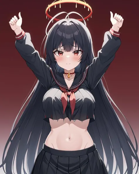 tsurugi \(blue archive\),1girl, solo, blush, large_breasts, black_serafuku, looking_at_viewer, halo, closed_mouth, navel, black_skirt, arms_up, red_neckerchief, torn_clothes, pleated_skirt, midriff, long_sleeves, choker, black_sailor_collar, black_shirt, character_name
<lora:Tsurugi_image75_v1-000040:1>,halo,. gorgeous,key visual, vibrant, studio anime,award-winning, professional, highly detailed,high budget, cinemascope