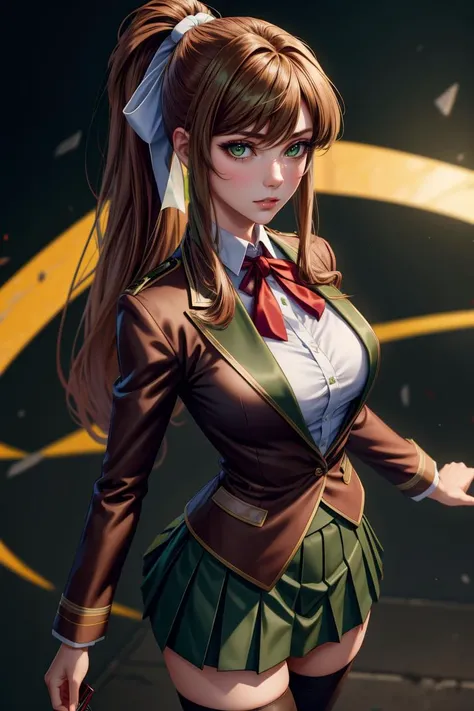 masterpiece,best quality,bold colors,vivid coloring,Rich pigmentation,Vibrant and dynamic tones,Striking hues, absurdres, illustration, 8k,perfect lighting,hdr,realistic, ultra-realistic, cowboy shot, Photo realistic,(hyperrealistic:1)textured skin,shiny skin,skindentation, beautiful body,massive breasts,ddlcmonika, blunt bangs, brown hair, (green eyes:1.5), long hair, ponytail, ribbon, white ribbon, hair ribbon, sidelocks, (wearing black thighhighs, blue skirt, brown jacket, jacket, long sleeves, mary janes, over-kneehighs, pleated skirt, school uniform, shoes, skirt, thighhighs, zettai ryouiki) (hourglass body, thin waist,very slim waist)extremely detailed face,detailed eye makeup, detail face, nice detailed eyes,nice hands, perfect hands <lora:ddlcmonikatest:.70><lora:beautifulDetailedEyes_v10:0.50> (realistic pupils,realistic iris:1) heavy eye makeup<lora:add_detail:.70> <lyco:GoodHands-beta2:.90> (standing at attention) <lora:ryanreos-lora-v1-32dim-3ep-naivae:.20>