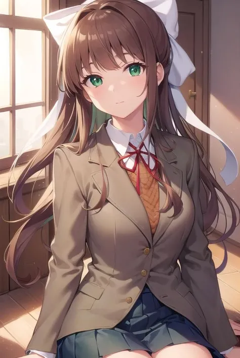 ddlcmonika, <lora:ddlcmonikatest:1>,
ddlcmonika, blunt bangs, brown hair, (green eyes:1.5), long hair, ponytail, ribbon, white ribbon, hair ribbon, sidelocks,
BREAK black thighhighs, blue skirt, brown jacket, jacket, long sleeves, mary janes, over-kneehighs, pleated skirt, school uniform, shoes, skirt, thighhighs, zettai ryouiki
BREAK looking at viewer,
BREAK indoors, classroom,
BREAK <lora:GoodHands-vanilla:1>, (masterpiece:1.2), best quality, high resolution, unity 8k wallpaper, (illustration:0.8), (beautiful detailed eyes:1.6), extremely detailed face, perfect lighting, extremely detailed CG, (perfect hands, perfect anatomy),