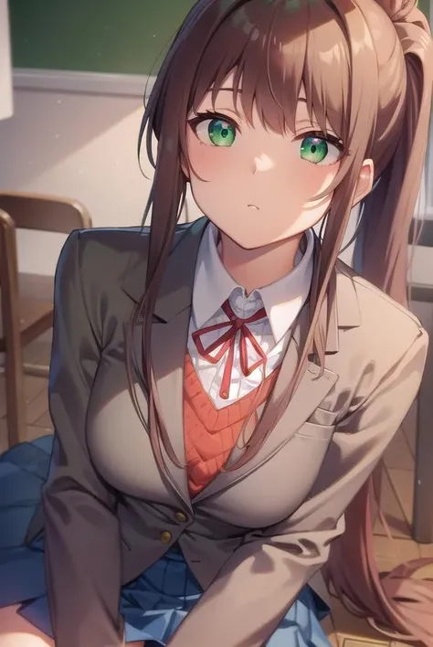 ddlcmonika, <lora:ddlcmonikatest:1>,
ddlcmonika, blunt bangs, brown hair, (green eyes:1.5), long hair, ponytail, ribbon, white ribbon, hair ribbon, sidelocks,
BREAK black thighhighs, blue skirt, brown jacket, jacket, long sleeves, mary janes, over-kneehighs, pleated skirt, school uniform, shoes, skirt, thighhighs, zettai ryouiki
BREAK looking at viewer,
BREAK indoors, classroom,
BREAK <lora:GoodHands-vanilla:1>, (masterpiece:1.2), best quality, high resolution, unity 8k wallpaper, (illustration:0.8), (beautiful detailed eyes:1.6), extremely detailed face, perfect lighting, extremely detailed CG, (perfect hands, perfect anatomy),