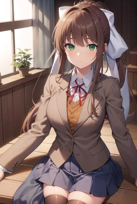 ddlcmonika, <lora:ddlcmonikatest:1>,
ddlcmonika, blunt bangs, brown hair, (green eyes:1.5), long hair, ponytail, ribbon, white ribbon, hair ribbon, sidelocks,
BREAK black thighhighs, blue skirt, brown jacket, jacket, long sleeves, mary janes, over-kneehighs, pleated skirt, school uniform, shoes, skirt, thighhighs, zettai ryouiki
BREAK looking at viewer,
BREAK indoors, classroom,
BREAK <lora:GoodHands-vanilla:1>, (masterpiece:1.2), best quality, high resolution, unity 8k wallpaper, (illustration:0.8), (beautiful detailed eyes:1.6), extremely detailed face, perfect lighting, extremely detailed CG, (perfect hands, perfect anatomy),