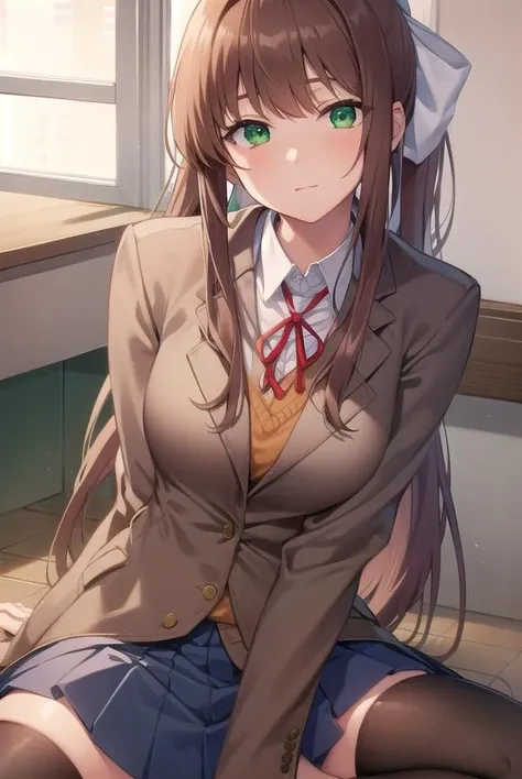 ddlcmonika, <lora:ddlcmonikatest:1>,
ddlcmonika, blunt bangs, brown hair, (green eyes:1.5), long hair, ponytail, ribbon, white ribbon, hair ribbon, sidelocks,
BREAK black thighhighs, blue skirt, brown jacket, jacket, long sleeves, mary janes, over-kneehighs, pleated skirt, school uniform, shoes, skirt, thighhighs, zettai ryouiki
BREAK looking at viewer,
BREAK indoors, classroom,
BREAK <lora:GoodHands-vanilla:1>, (masterpiece:1.2), best quality, high resolution, unity 8k wallpaper, (illustration:0.8), (beautiful detailed eyes:1.6), extremely detailed face, perfect lighting, extremely detailed CG, (perfect hands, perfect anatomy),