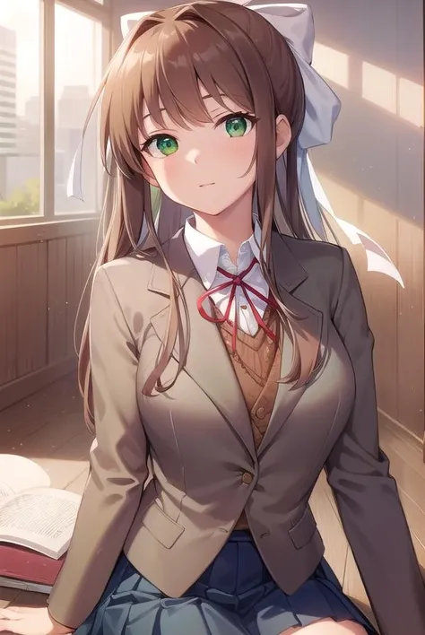 ddlcmonika, <lora:ddlcmonikatest:1>,
ddlcmonika, blunt bangs, brown hair, (green eyes:1.5), long hair, ponytail, ribbon, white ribbon, hair ribbon, sidelocks,
BREAK black thighhighs, blue skirt, brown jacket, jacket, long sleeves, mary janes, over-kneehighs, pleated skirt, school uniform, shoes, skirt, thighhighs, zettai ryouiki
BREAK looking at viewer,
BREAK indoors, classroom,
BREAK <lora:GoodHands-vanilla:1>, (masterpiece:1.2), best quality, high resolution, unity 8k wallpaper, (illustration:0.8), (beautiful detailed eyes:1.6), extremely detailed face, perfect lighting, extremely detailed CG, (perfect hands, perfect anatomy),