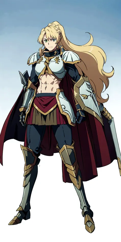 masterpiece, high quality, best quality, 1girl, (muscular:1), muscles, abs, biceps, thighs, obliques, abs lines, naval, thighs, fit, (super gigantic breasts), buffed, (closed mouth, half smile), alicetaria, blonde hair, long hair, ponytail, green eyes, armor, greaves, cape, gauntlets, pleated skirt, shoulder armor, pauldron, white background, anime screencap, anime key visual, full body <lora:AlicetariaFebruary:1>