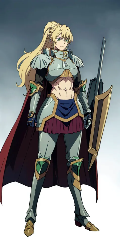 masterpiece, high quality, best quality, 1girl, (muscular:1), muscles, abs, biceps, thighs, obliques, abs lines, naval, thighs, fit, (super gigantic breasts), buffed, (closed mouth, half smile), alicetaria, blonde hair, long hair, ponytail, green eyes, armor, greaves, cape, gauntlets, pleated skirt, shoulder armor, pauldron, white background, anime screencap, anime key visual, full body <lora:AlicetariaFebruary:1>
