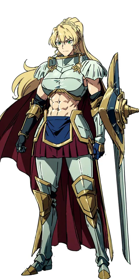 masterpiece, high quality, best quality, 1girl, (muscular:1), muscles, abs, biceps, thighs, obliques, abs lines, naval, thighs, fit, (super gigantic breasts), buffed, (closed mouth, half smile), alicetaria, blonde hair, long hair, ponytail, green eyes, armor, greaves, cape, gauntlets, pleated skirt, shoulder armor, pauldron, white background, anime screencap, anime key visual, full body <lora:AlicetariaFebruary:1>