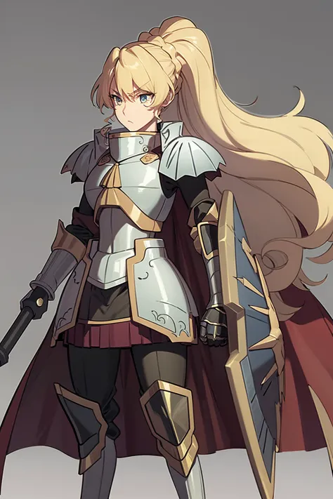 masterpiece, best quality, 1girl, alicetaria,blonde hair, long hair, ponytail, blue eyes, armor, greaves, cape, gauntlets, polearm, pleated skirt, solo, simple background <lora:AlicetariaFebruary:1>