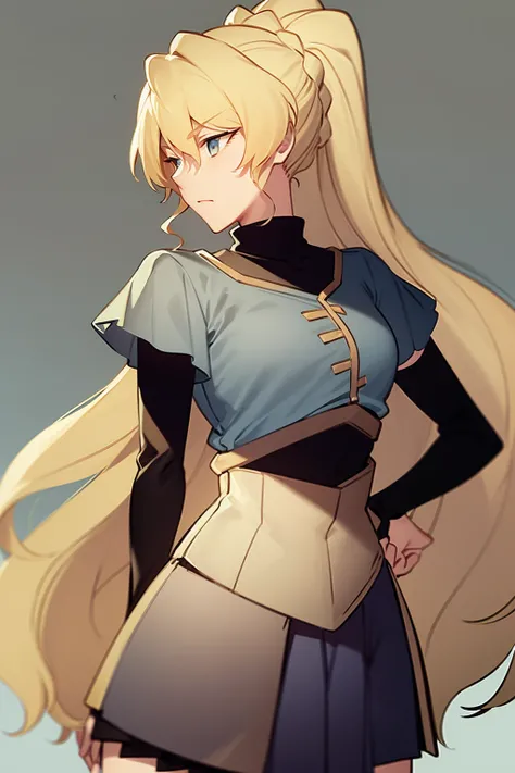 masterpiece, best quality, 1girl, alicetaria,blonde hair, long hair, ponytail, blue eyes, blue shirt, pleated skirt, solo, simple background <lora:AlicetariaFebruary:1>