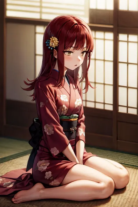 masterpiece, best quality, absurdres, perfect anatomy, 1girl, solo, Yoko Katori, long hair, indoors, kimono, hair flower, floral print, wariza, sitting, hands on own knees, <lora:YokoKatori:1>