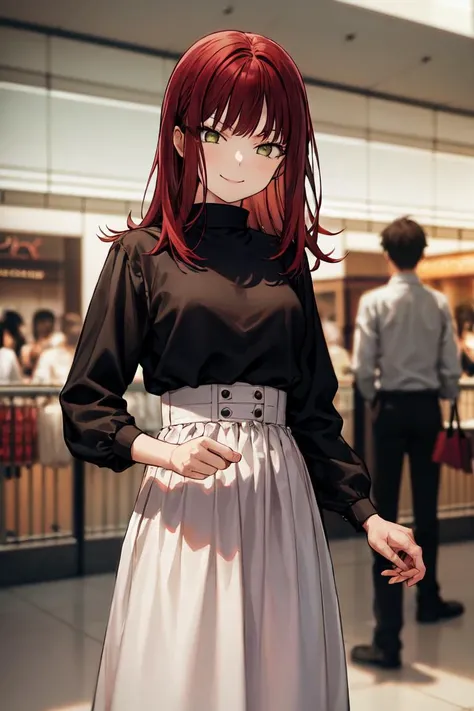 masterpiece, best quality, absurdres, perfect anatomy, 1girl, solo, Yoko Katori, long hair, high-waist skirt, long skirt, white skirt, black shirt, long sleeves, smile, standing, indoors, shopping mall, <lora:YokoKatori:1>