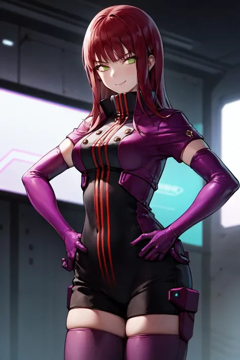 masterpiece, best quality, absurdres, perfect anatomy, 1girl, solo, Yoko Katori, long hair, purple thighhighs, elbow gloves, purple gloves, black shorts, uniform, thigh holster, standing, hands on hips, smile, cyberpunk scene, datastreams, neon lights, <lora:YokoKatori:1>