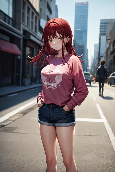 masterpiece, best quality, absurdres, perfect anatomy, 1girl, solo, Yoko Katori, long hair, graphic tee, denim shorts, standing, outdoors, city, hands in pockets, <lora:YokoKatori:1>