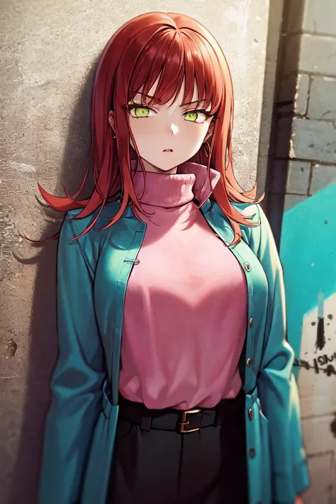 masterpiece, best quality, absurdres, perfect anatomy, 1girl, solo, Yoko Katori, long hair, earrings, sharp eyes, choker, neon shirt, open jacket, turtleneck sweater, night, against wall, brick wall, graffiti, dim lighting, alley, looking at viewer, <lora:YokoKatori:1>