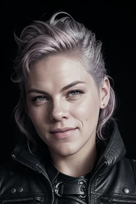(PinkS1nger:0.99), smiling, ((portrait closeup)), ((from the waist up)), ((fantastic scenery, city)), natural skin texture, black leather jacket, 24mm, 4k textures, soft cinematic light, adobe lightroom, photolab, hdr, intricate, elegant, highly detailed, sharp focus, ((((cinematic look)))), soothing tones, insane details, intricate details, hyperdetailed, low contrast, soft cinematic light, exposure blend, hdr, faded
