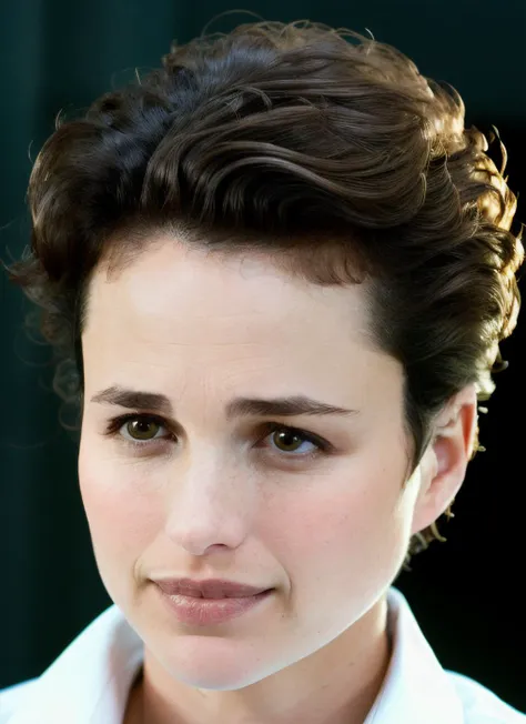 closeup portrait of skswoman, flustered , wearing business attire , with chestnut Pixie cut , background court epic (photo, studio lighting, hard light, sony a7, 50 mm, matte skin, pores, colors, hyperdetailed, hyperrealistic), <lyco:Andie MacDowellV2:1.2>