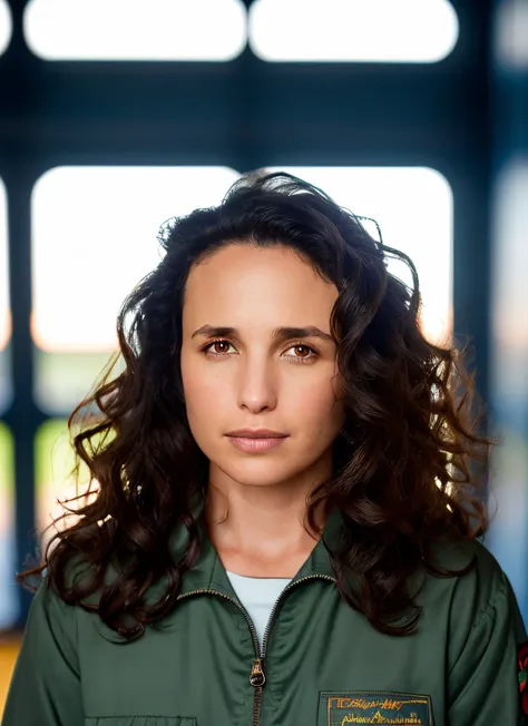 closeup portrait of skswoman, embarrassed , wearing jumpsuit , with dark brown Beachy waves , background cosmic epic (photo, studio lighting, hard light, sony a7, 50 mm, matte skin, pores, colors, hyperdetailed, hyperrealistic), <lyco:Andie MacDowellV2:1.2>