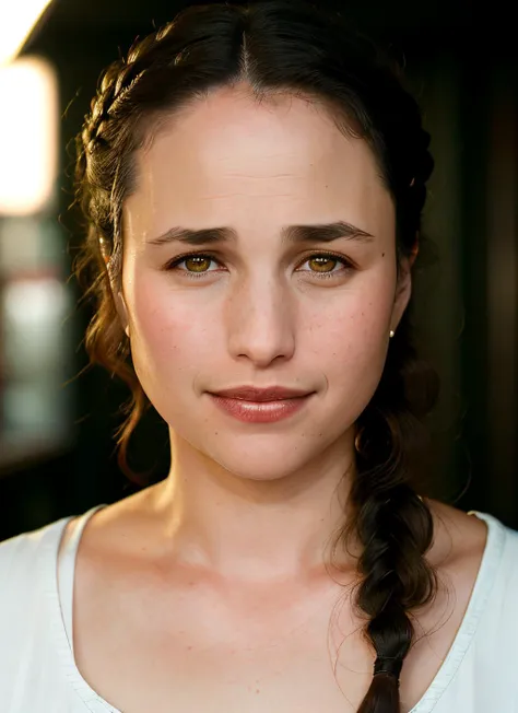 closeup portrait of skswoman, ecstatic , wearing maxi dress , with medium brown Fishtail braid , background ramen shop epic (photo, studio lighting, hard light, sony a7, 50 mm, matte skin, pores, colors, hyperdetailed, hyperrealistic), <lyco:Andie MacDowellV2:1.2>