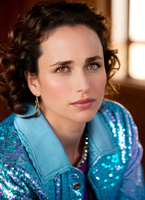 closeup portrait of skswoman, skeptical , wearing sequined , with chestnut Choppy layers , background space epic (photo, studio lighting, hard light, sony a7, 50 mm, matte skin, pores, colors, hyperdetailed, hyperrealistic), <lyco:Andie MacDowellV2:1.2>