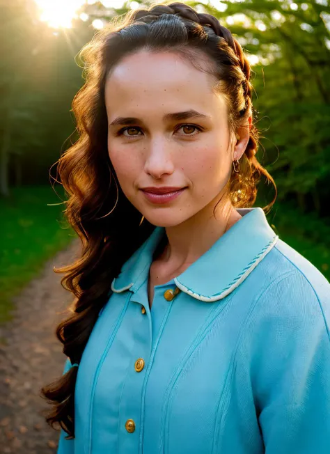 closeup portrait of skswoman, smile , wearing mini dress , with chestnut Braids , background mushroom forest epic (photo, studio lighting, hard light, sony a7, 50 mm, matte skin, pores, colors, hyperdetailed, hyperrealistic), <lyco:Andie MacDowellV2:1.2>