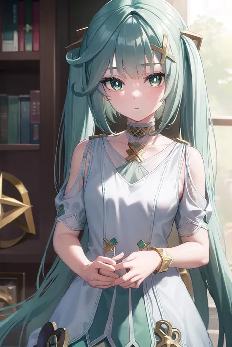 faruzan, <lyco:faruzan-lyco-nochekaiser:1>,
faruzan, aqua hair, blunt bangs, cowlick, (green eyes:1.5), hair between eyes, hair ornament, long hair, (symbol-shaped pupils:1.5), (triangle-shaped pupils:1.5), twintails, x hair ornament,
BREAK bangle, bare shoulders, bracelet, dress, jewelry, short sleeves, shiny clothes,
BREAK looking at viewer, full body, (cowboy shot:1.5), upper body,
BREAK indoors, library,
BREAK <lyco:GoodHands-beta2:1>, (masterpiece:1.2), best quality, high resolution, unity 8k wallpaper, (illustration:0.8), (beautiful detailed eyes:1.6), extremely detailed face, perfect lighting, extremely detailed CG, (perfect hands, perfect anatomy),