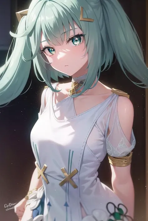faruzan, <lyco:faruzan-lyco-nochekaiser:1>,
faruzan, aqua hair, blunt bangs, cowlick, (green eyes:1.5), hair between eyes, hair ornament, long hair, (symbol-shaped pupils:1.5), (triangle-shaped pupils:1.5), twintails, x hair ornament,
BREAK bangle, bare shoulders, bracelet, dress, jewelry, short sleeves, shiny clothes,
BREAK looking at viewer, full body, (cowboy shot:1.5), upper body,
BREAK indoors, library,
BREAK <lyco:GoodHands-beta2:1>, (masterpiece:1.2), best quality, high resolution, unity 8k wallpaper, (illustration:0.8), (beautiful detailed eyes:1.6), extremely detailed face, perfect lighting, extremely detailed CG, (perfect hands, perfect anatomy),