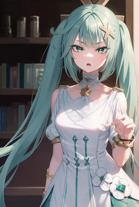 faruzan, <lyco:faruzan-lyco-nochekaiser:1>,
faruzan, aqua hair, blunt bangs, cowlick, (green eyes:1.5), hair between eyes, hair ornament, long hair, (symbol-shaped pupils:1.5), (triangle-shaped pupils:1.5), twintails, x hair ornament, <lora:gekioko_v200:1>, angry, open mouth,
BREAK bangle, bare shoulders, bracelet, dress, jewelry, short sleeves, shiny clothes,
BREAK looking at viewer, full body, (cowboy shot:1.5), upper body,
BREAK indoors, library,
BREAK <lyco:GoodHands-beta2:1>, (masterpiece:1.2), best quality, high resolution, unity 8k wallpaper, (illustration:0.8), (beautiful detailed eyes:1.6), extremely detailed face, perfect lighting, extremely detailed CG, (perfect hands, perfect anatomy),