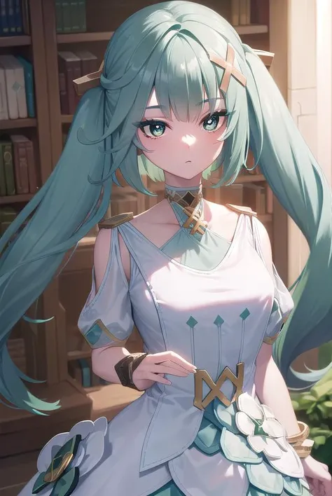 faruzan, <lyco:faruzan-lyco-nochekaiser:1>,
faruzan, aqua hair, blunt bangs, cowlick, (green eyes:1.5), hair between eyes, hair ornament, long hair, (symbol-shaped pupils:1.5), (triangle-shaped pupils:1.5), twintails, x hair ornament,
BREAK bangle, bare shoulders, bracelet, dress, jewelry, short sleeves, shiny clothes,
BREAK looking at viewer, full body, (cowboy shot:1.5), upper body,
BREAK indoors, library,
BREAK <lyco:GoodHands-beta2:1>, (masterpiece:1.2), best quality, high resolution, unity 8k wallpaper, (illustration:0.8), (beautiful detailed eyes:1.6), extremely detailed face, perfect lighting, extremely detailed CG, (perfect hands, perfect anatomy),