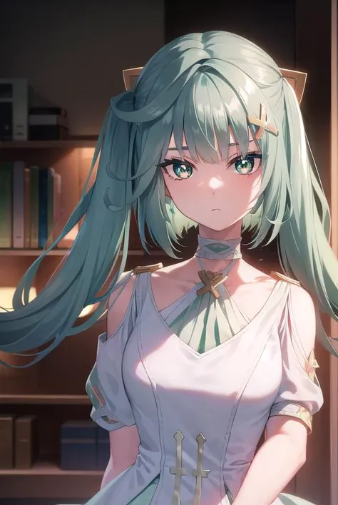 faruzan, <lyco:faruzan-lyco-nochekaiser:1>,
faruzan, aqua hair, blunt bangs, cowlick, (green eyes:1.5), hair between eyes, hair ornament, long hair, (symbol-shaped pupils:1.5), (triangle-shaped pupils:1.5), twintails, x hair ornament,
BREAK bangle, bare shoulders, bracelet, dress, jewelry, short sleeves, shiny clothes,
BREAK looking at viewer, full body, (cowboy shot:1.5), upper body,
BREAK indoors, library,
BREAK <lyco:GoodHands-beta2:1>, (masterpiece:1.2), best quality, high resolution, unity 8k wallpaper, (illustration:0.8), (beautiful detailed eyes:1.6), extremely detailed face, perfect lighting, extremely detailed CG, (perfect hands, perfect anatomy),