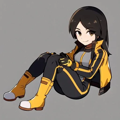 <lora:mii_gunner_SSBU:0.8> mii gunner SSBU, solo, long hair, smile, bangs, simple background, black hair, gloves, long sleeves, white background, holding, brown eyes, sitting, closed mouth, jacket, full body, boots, parted bangs, bodysuit, knee boots, black bodysuit, yellow footwear, yellow gloves