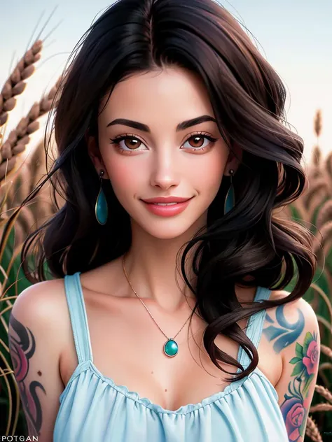 Realistic photo of a beautiful 4ny4s woman,1girl, solo, long hair, portrait, close-up, looking at viewer, smile, black hair, brown eyes, jewelry, earrings, necklace, blurry, lips, tattoo, realistic, professional Photography, Photorealistic, detailed, RAW, analog, sharp focus, high quality, film grain, masterpiece<lora:4ny4s:1.0>