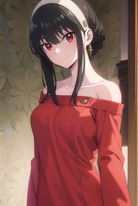 yorbriar, <lora:yor briar s1-lora-nochekaiser:1>,
yor briar, black hair, (red eyes:1.5), earrings, gold hairband, hairband, long hair, sidelocks, (medium breasts:1.2), smile,
BREAK bare shoulders, collarbone, dress, long sleeves, off shoulder, off-shoulder dress, off-shoulder sweater, pantyhose, red sweater, sweater, sweater dress, thighs,
BREAK indoors,
BREAK looking at viewer, (cowboy shot:1.5),
BREAK <lyco:GoodHands-beta2:1>, (masterpiece:1.2), best quality, high resolution, unity 8k wallpaper, (illustration:0.8), (beautiful detailed eyes:1.6), extremely detailed face, perfect lighting, extremely detailed CG, (perfect hands, perfect anatomy),