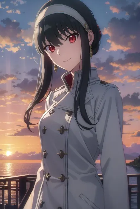 yorbriar, <lora:yor briar s1-lora-nochekaiser:1>,
yor briar, black hair, (red eyes:1.5), earrings, white hairband, hairband, long hair, sidelocks, smile,
BREAK coat, trench coat,
BREAK outdoors, city, sky, sun, clouds,
BREAK looking at viewer, (cowboy shot:1.5),
BREAK <lyco:GoodHands-beta2:1>, (masterpiece:1.2), best quality, high resolution, unity 8k wallpaper, (illustration:0.8), (beautiful detailed eyes:1.6), extremely detailed face, perfect lighting, extremely detailed CG, (perfect hands, perfect anatomy),
