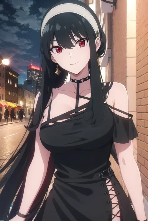 score_9, score_8_up, score_7_up, score_6_up, score_5_up, score_4_up, (8k, RAW photo, best quality, masterpiece:1.2), black hair,red eyes,masterpiece, best quality, photorealistic, 1girl, solo, red eyes, looking at viewer, smile, long hair, breasts, sweater, loose sweater, bare shoulders, pantyhose, standing, focus on her face, night, outside, street , cleavage, collarbone , large breast, upperboob, full body