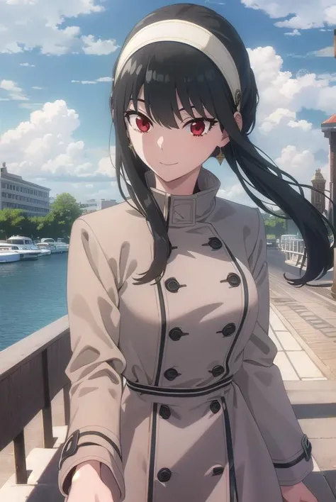 yorbriar, <lora:yor briar s1-lora-nochekaiser:1>,
yor briar, black hair, (red eyes:1.5), earrings, white hairband, hairband, long hair, sidelocks, smile,
BREAK coat, trench coat,
BREAK outdoors, city, sky, sun, clouds,
BREAK looking at viewer, (cowboy shot:1.5),
BREAK <lyco:GoodHands-beta2:1>, (masterpiece:1.2), best quality, high resolution, unity 8k wallpaper, (illustration:0.8), (beautiful detailed eyes:1.6), extremely detailed face, perfect lighting, extremely detailed CG, (perfect hands, perfect anatomy),