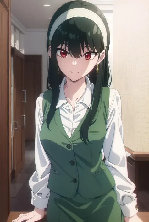 yorbriar, <lora:yor briar s1-lora-nochekaiser:1>,
yor briar, black hair, (red eyes:1.5), earrings, gold hairband, hairband, long hair, sidelocks, smile,
BREAK skirt, shirt, long sleeves, white shirt, earrings, collared shirt, vest, green skirt, pencil skirt, office lady, (green vest:1.5),
BREAK indoors, office,
BREAK looking at viewer, (cowboy shot:1.5),
BREAK <lyco:GoodHands-beta2:1>, (masterpiece:1.2), best quality, high resolution, unity 8k wallpaper, (illustration:0.8), (beautiful detailed eyes:1.6), extremely detailed face, perfect lighting, extremely detailed CG, (perfect hands, perfect anatomy),