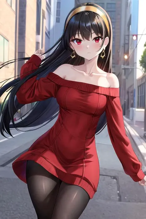 masterpiece, best quality, highres, bbyorf, long hair, white hairband, red eyes, gold earrings, large breasts, jewelry, off shoulder, red sweater, sweater dress, long sleeves, black pantyhose, from below, spread legs