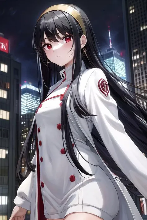 masterpiece, best quality,ultra detail, <lora:anmnr01:0.3> <lora:add_detail:0.5>,<lora:GoodHands-vanilla:0.8>, <lora:yorbriar-lora-nochekaiser:0.7>,yor briar, black hair, red eyes, earrings, gold hairband, long hair, sidelocks,white jacket,white long onepiece, city,