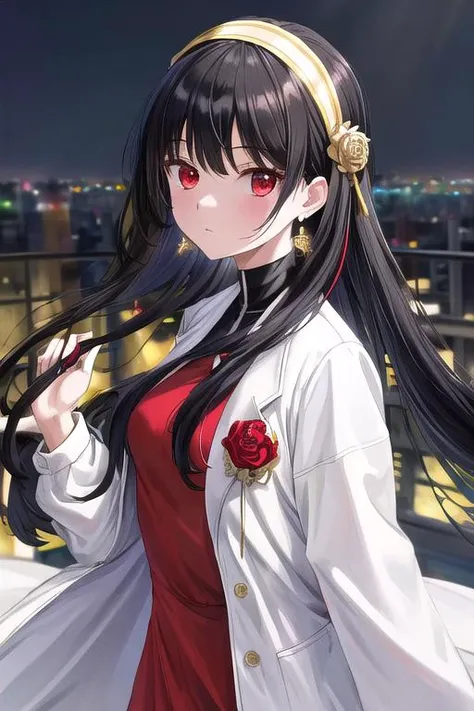 masterpiece, best quality,ultra detail, <lora:anmnr01:0.3>  <lora:add_detail:0.5>,<lora:GoodHands-vanilla:0.8>, <lora:yorbriar-lora-nochekaiser:0.7>,yor briar, black hair, red eyes, earrings, gold hairband, long hair, sidelocks,white jacket,white long onepiece, city,