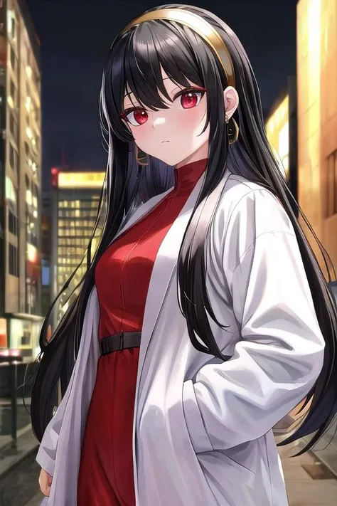 masterpiece, best quality,ultra detail, <lora:anmnr01:0.3>  <lora:add_detail:0.5>,<lora:GoodHands-vanilla:0.8>, <lora:yorbriar-lora-nochekaiser:0.7>,yor briar, black hair, red eyes, earrings, gold hairband, long hair, sidelocks,white jacket,white long onepiece, city,