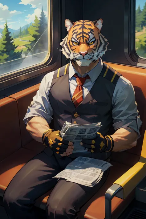 oscarfn, yellow sclera, tail, furry tiger, shirt, gloves, necktie, collared shirt, pants, fingerless gloves, fangs, sleeves rolled up,looking at viewer, serious, smirk, sitting, inside a train, holding a newspaper, window, forest, blue sky, high quality, masterpiece, <lora:oscarV2:.8>