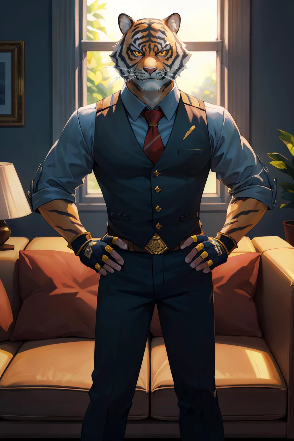 oscarfn, yellow sclera, tail, furry tiger, shirt, gloves, necktie, collared shirt, pants, fingerless gloves, fangs, sleeves rolled up, looking at viewer, serious, smirk, standing, hands on hips, medium shot, inside a fancy living room, large sofa, window, natural lighting, high quality, masterpiece, <lora:oscarV2:.8>