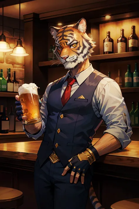 oscarfn, yellow sclera, tail, furry tiger, shirt, gloves, necktie, collared shirt, pants, fingerless gloves, fangs, sleeves rolled up, looking at viewer, smiling, happy, leaning on a counter, holding a pint of beer, inside a bar, dark, shelf, bottles, dark, neon lighting, high quality, masterpiece, <lora:oscarV2:.8>