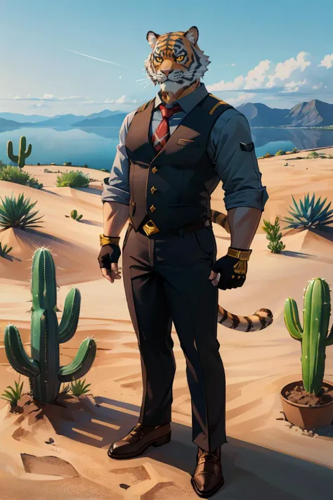 oscarfn, yellow sclera, tail, furry tiger, shirt, gloves, necktie, collared shirt, pants, fingerless gloves, fangs, sleeves rolled up, looking at viewer, serious, standing, outside, full body shot, desert, cactus, distant lake, high quality, masterpiece, <lora:oscarV2:.8>