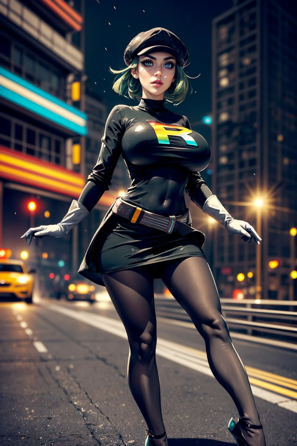 (ultra realistic,32k, masterpiece:1.2),(high detailed skin:1.1),( high quality:1.1),
<lora:POKEMON_team_rainbow_rocket_grunt_ownwaifu:0.8>(angry, v-shaped eyebrows:1.1),(eyeliner,long lashes, mascara:1.1),Costum_team_rainbow_rocket_grunt_ownwaifu,1girl, green hair, short hair, green eyes, eyelashes, medium hair, black headwear, grey gloves, black dress, short dress, belt, grey belt, pantyhose, high heels,, long sleeves, elbow gloves, cabbie hat, covered navel, hovercar racing circuit, anti-gravity races, high-speed maneuvers, neon-lit tracks, adrenaline-fueled competition (blurry background:1.1),(looking at viewer, standing:1.1), , (huge breast,large breast:1.1),<lora:add_detail:0.92>,full body,
(lighting:1.1),