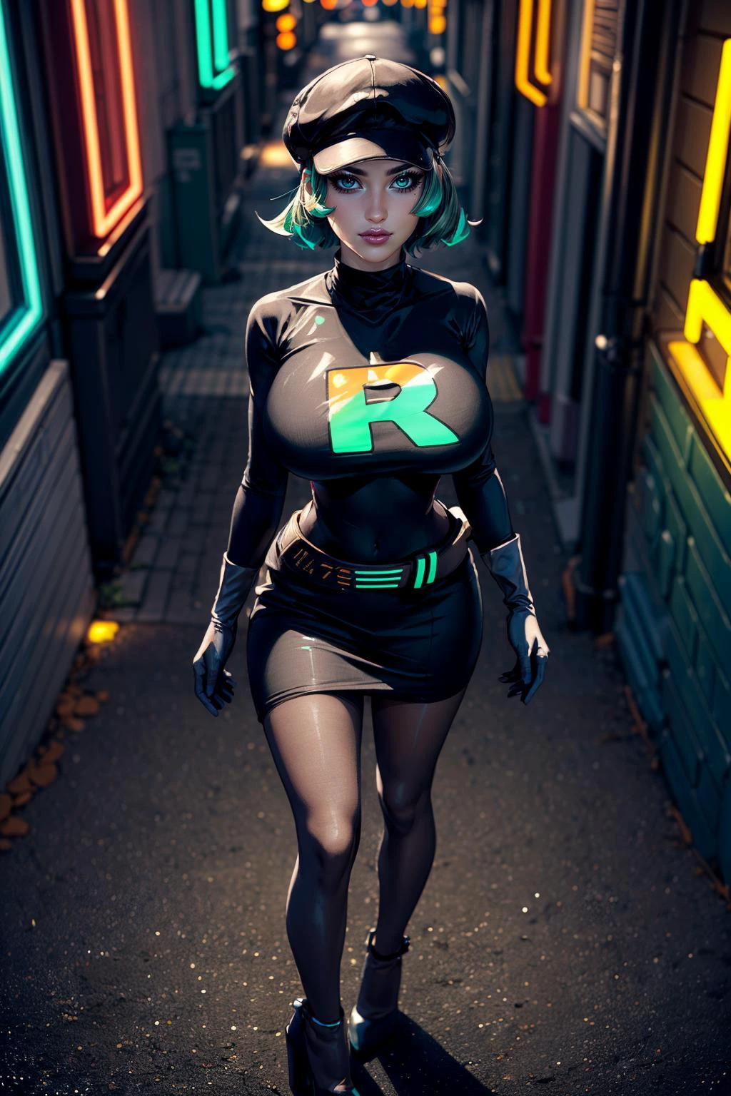 (ultra realistic,32k, masterpiece:1.2),(high detailed skin:1.1),( high quality:1.1),
<lora:POKEMON_team_rainbow_rocket_grunt_ownwaifu:0.8>(smile , v-shaped eyebrows:1.1),(eyeliner,long lashes, mascara:1.1),Costum_team_rainbow_rocket_grunt_ownwaifu,1girl, green hair, short hair, green eyes, eyelashes, medium hair, black headwear, grey gloves, black dress, short dress, belt, grey belt, pantyhose, high heels,, long sleeves, elbow gloves, cabbie hat, covered navel, neon cyber alley, glowing neon pathways, underground cybernetics market, clandestine transactions (blurry background:1.1),(looking at viewer, standing, from above:1.1),, (huge breast,large breast:1.1),<lora:add_detail:0.98>,full body,
(glowwave:1.1),