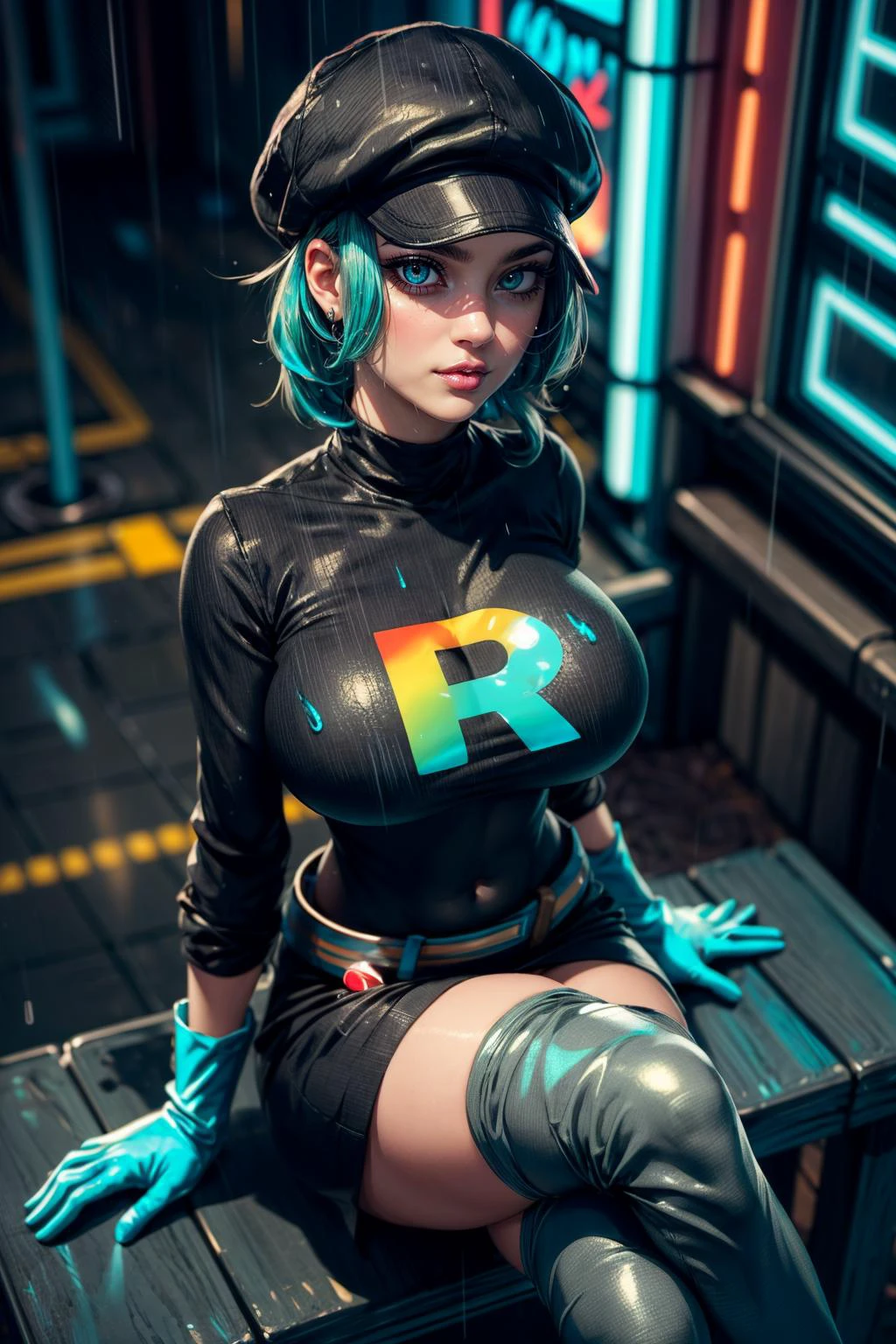 (ultra realistic,32k, masterpiece:1.2),(high detailed skin:1.1),( high quality:1.1),turquoise hair,
<lora:POKEMON_team_rainbow_rocket_grunt_ownwaifu:0.8>(nosebleed:1.1),(eyeliner,long lashes, mascara:1.1),turquoise hair,Costum_team_rainbow_rocket_grunt_ownwaifu,1girl, green hair, short hair, green eyes, eyelashes, medium hair, black headwear, grey gloves, black dress, short dress, belt, grey belt, zettai ryouiki, long sleeves, elbow gloves, cabbie hat, covered navel, neon rain alley, rain-soaked streets, flickering neon reflections, clandestine meetings, dark mysteries (blurry background:1.1),(looking at viewer, sitting, crossed legs, from above:1.1),, (huge breast,large breast:1.1),<lora:add_detail:0.93>,full body,
(bioluminiscent:1.1),